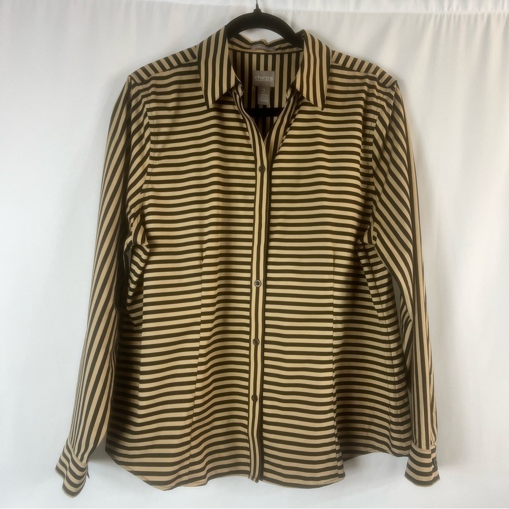 Chicos Womens Blouse Top Button Down Black Tan Stripe Chicos Striped - Black Tan